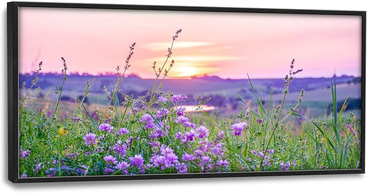 Nature Scenery Large Wall Art Sunset Framed Wall Decor for Living Room Countryside Wildflowers Pictures Oversized Canvas Print Painting Modern Extra Large Framed Artwork for Bedroom Office 60"x30"
