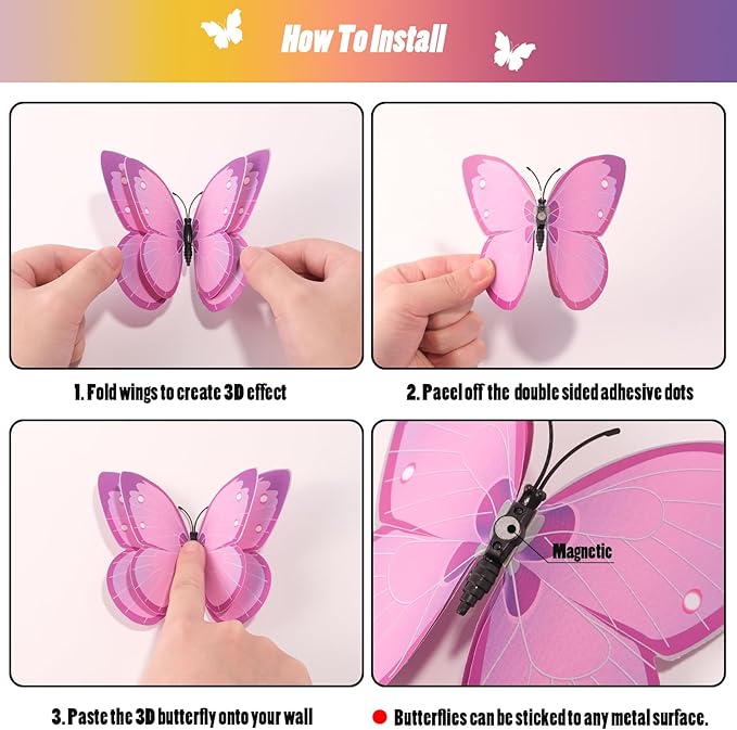 SAOROPEB 3D Butterfly Wall Decor, 72 Pcs Double Layer Butterfly Decorations for Party Decorations Locker Decor Refrigerator Decal, Reusable (Pink)