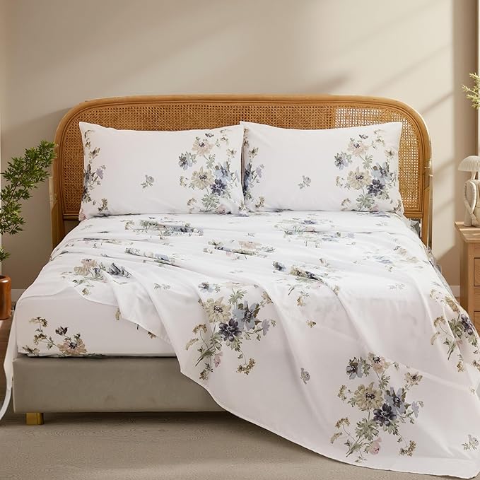 100% Cotton Sheet Set Queen Size – 4-Piece Vintage Chic Floral Bedding Set, Soft Breathable Percale Weave, Deep Pocket Fitted Sheet 17.5", Crisp Cool Feel, Refined Botanical Elegance
