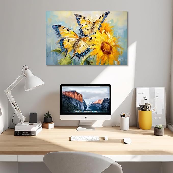 KPLUNDO Butterfly Wall Art Sunflower Picture Abstract Landscape Painting Modern Aesthetics Artwork for Living Room Office Home Wall Decor Stretched and Framed Ready to Hang(Art-5,12.00x18.00 inch)