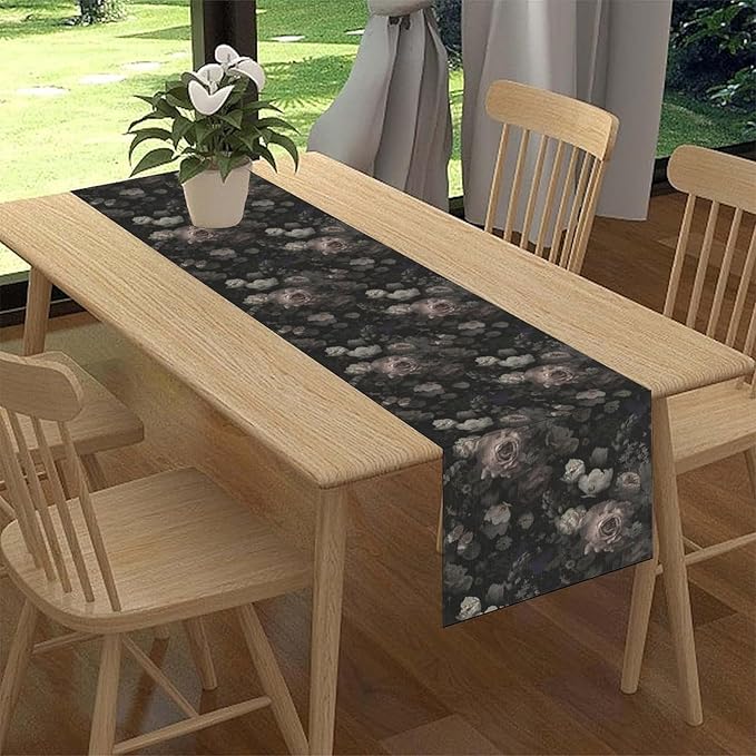 Gothic Floral Table Runner, Black Pink Rose Boho Vintage Art Print Linen Table Center Decor Family Kitchen Outdoor Farmhouse Holiday Party Table Decorations 13x108 inch