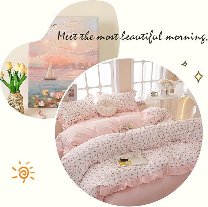 Queen Comforter Set Chic Floral Ruffle Comforter Pink Flower Bedding Comforter Set for All Seasons Fluffy Soft Girls Cottagecore Bedding Set Vintage Botanical Flowers Comforter with 2 Pillowcases