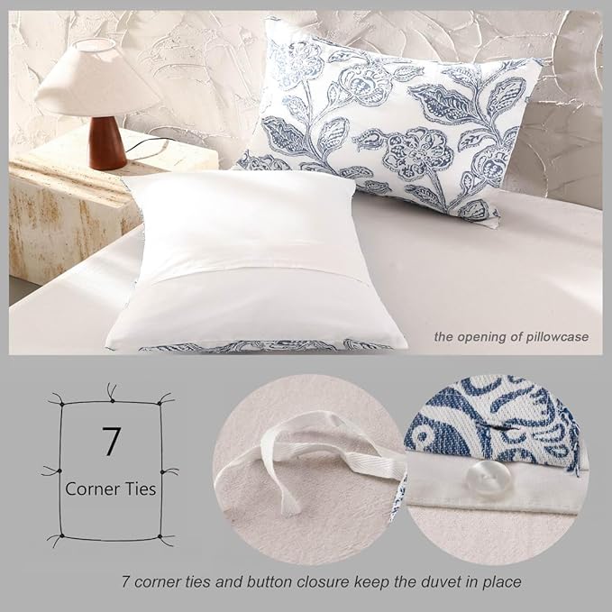 meadow park Floral Cotton Duvet Cover Queen Size Bedding Set Soft Textured Comfy Breathable Jacquard Comforter Duvet Cover with 2 Pillow Shams, Button Closure&Corner Ties, Blue Color