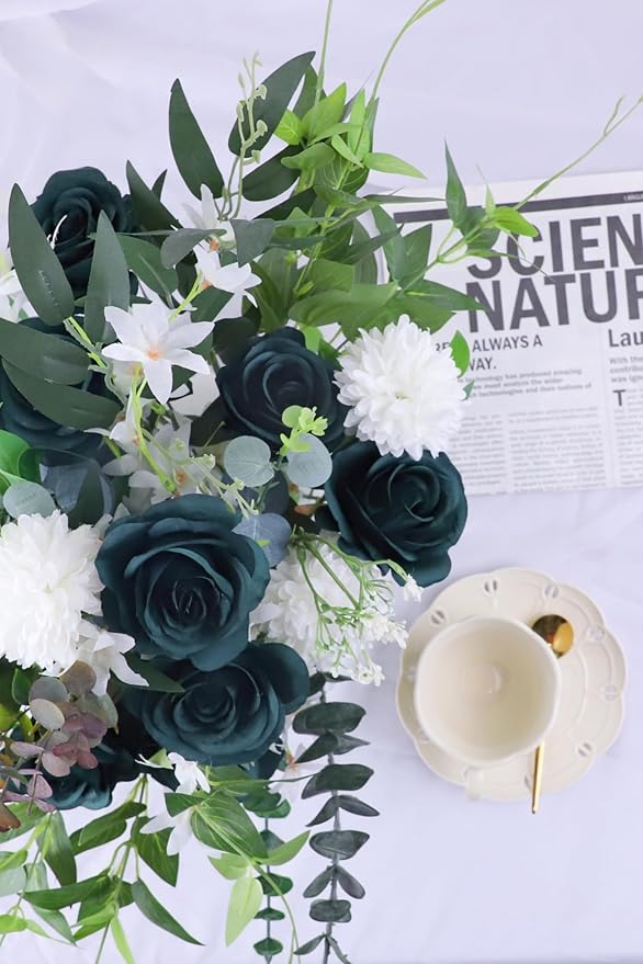 30pcs Roses Artificial Flowers Peacock Green Roses Flowers with Long Stems Silk Flowers for Wedding Bouquet Centerpices Decorations Party Bridal Baby Shower Home Décor Fake Roses
