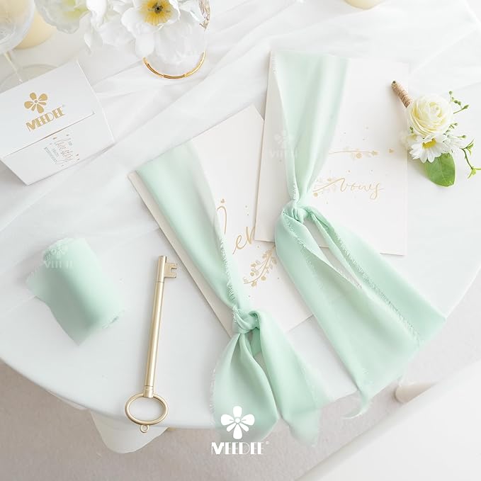 MEEDEE Mint Green Chiffon Ribbon 3 Inch Green Frayed Chiffon Silk Fringe Ribbon Wide Chiffon for Crafts, Flower Bouquet, Wedding Favors Wrapping (2 Rolls 10 Yards)