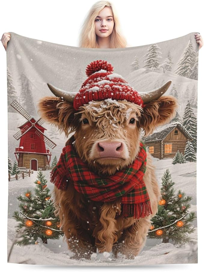 Highland Cow Blanket Christmas Cattle Throw Blanket Winter Snow Soft Cozy Fleece Fuzzy Stuffed Plush Farm Animal Flannel Gifts for Girls Women Boys Kids Adults 50"X60"