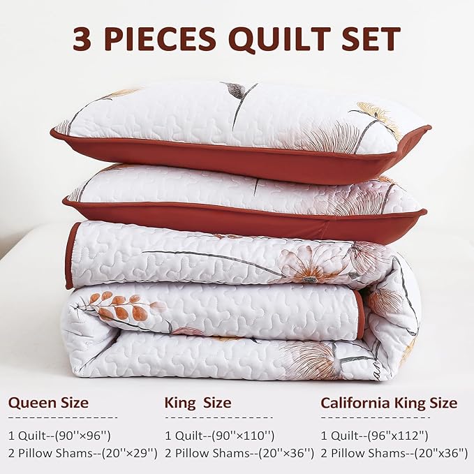 Dinjoy Floral Quilt Set California King Size,Orange Bedspread Farmhouse Bedding Set Soft Lightweight Summer Quilts 3 Piece White Oversized Bedspreads Flower Bed Sets (Cal King,112"x96")