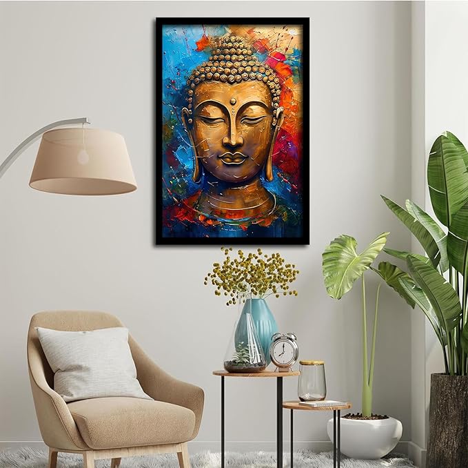 Golden Serenity Buddha Vintage Painting Wall Art Spirituality and Modern Art Wall Decor Adds Brilliance to Vibrant Home Decor 20x30in Metal blackFramed