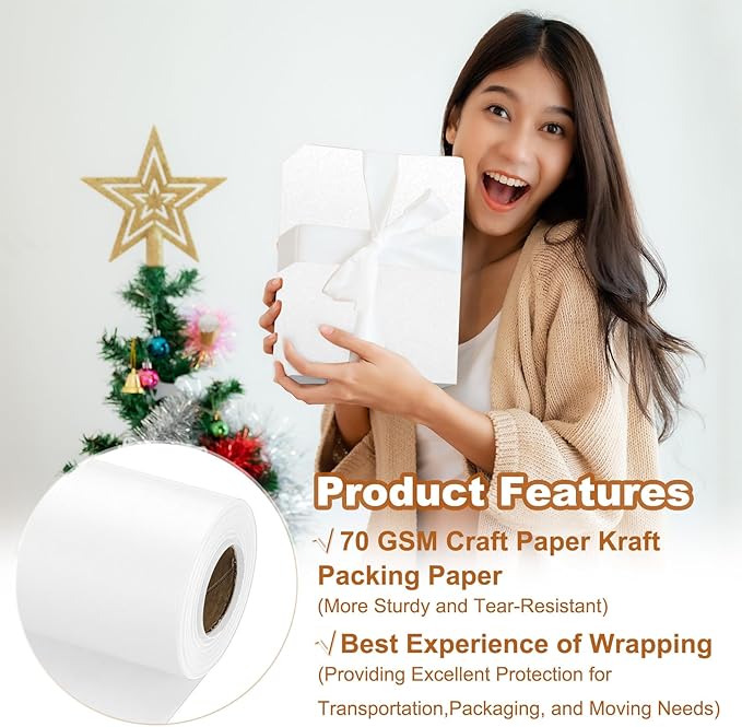 PATIKIL Wrapping Paper, 20" x 600"(49') 70 GSM Craft Paper Roll Kraft Packing Paper for Poster Bulletin Board, Gift Wrapping, White