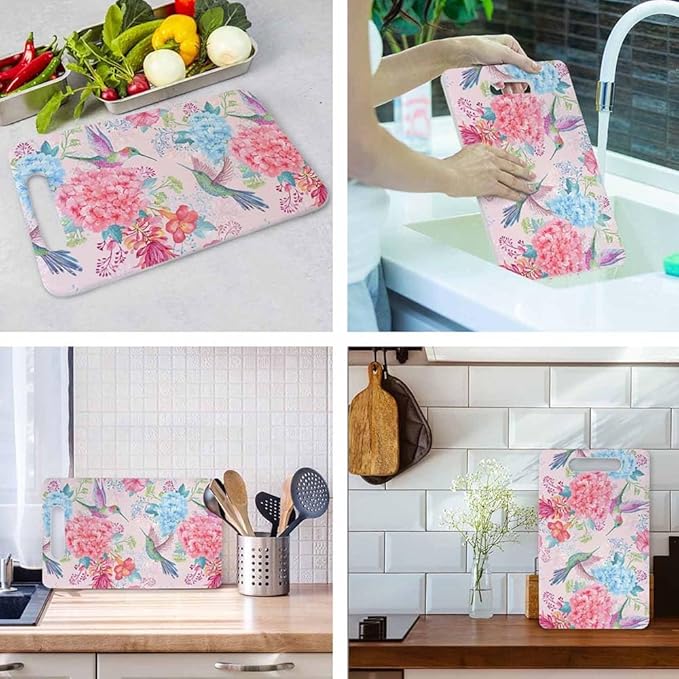 Hummingbirds Cutting Board with Handles Tropical Flowers Bird Pink Cutting Boards Plastic Safe Chopping Board for Kitchen 16" x 10" x 0.24"