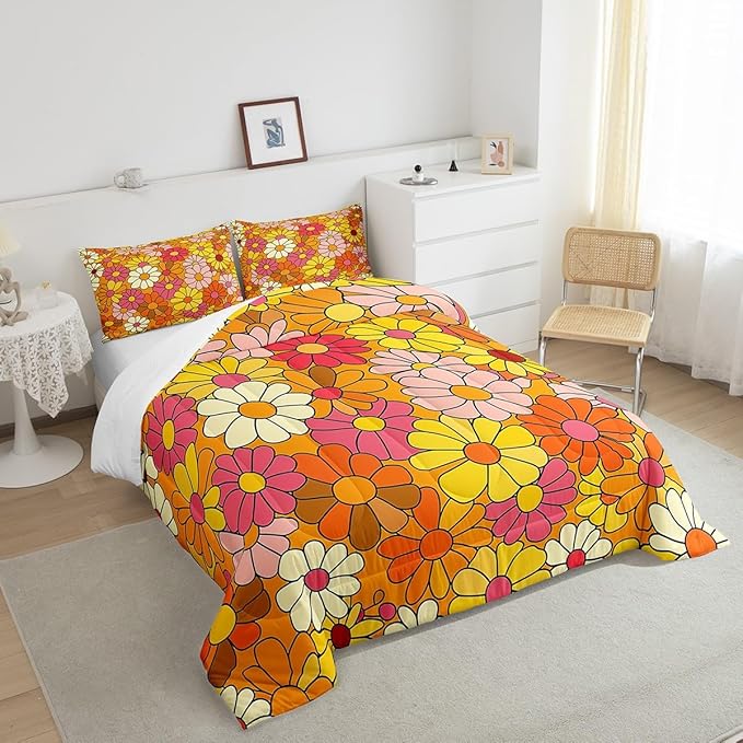 Castle Fairy Bohemian Flowers Twin Size Comforter Set,70s Floral Duvet Set for Kids Boys Bedroom,Hippie Retro Groovy Botanical Soft Microfiber Bedding Comforters,2 Pcs