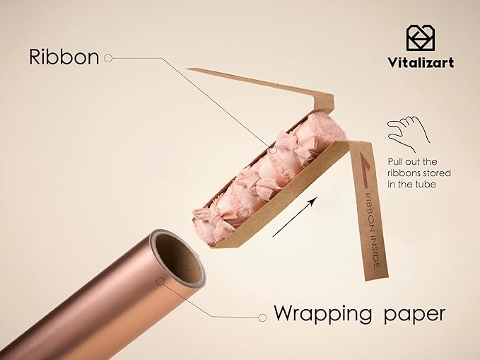 Vitalizart Pink Matte Metallic Wrapping Paper Set 17" With Silk Satin Ribbon & Gift Tags Christmas Gift Wrapping Birthday Baby Shower Wedding Bouquets Handmade Crafts 197"(16.4 Ft) Pink Ribbon