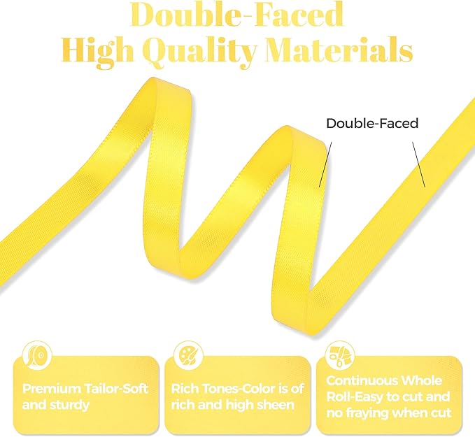 Daffodil Yellow Satin Ribbon, Double Faced 3/8 Inch X 50 Yards Daffodil Ribbon, Premium Satin Ribbon for Gift Wrapping, Crafts, Hair Bow Making, Sewing, Flower Bouquet, Wedding Party Decor