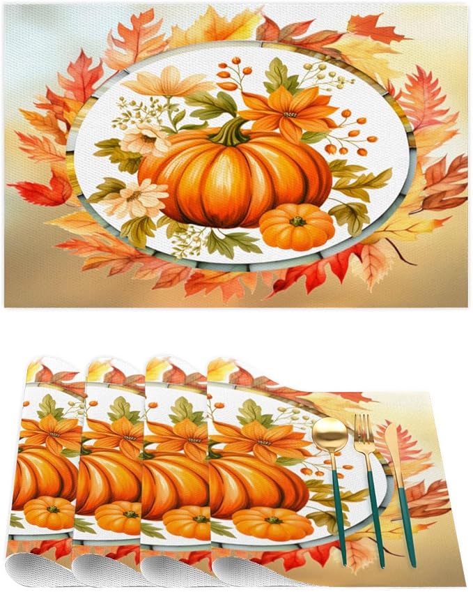 Fall Autumn Flower Pumpkin Placemats Set of 1 PVC Vinyl Non Slip Table Mats Heat Resistant Place Mats Washable Wipeable Dining Table Mat for Kitchen Decor Party Indoor Outdoor Decorative Gift