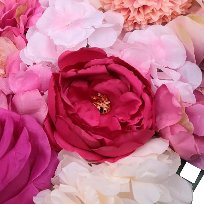JJIESHENG Flower Wall Panels 3D Flower Wall Backdrop, 6Pcs Flower Wall Backdrop Floral Wall Artificial Flower Background Silk Rose Decor Faux for Wedding Home Decoration (Fuchsia, 23.6 * 15.7in)