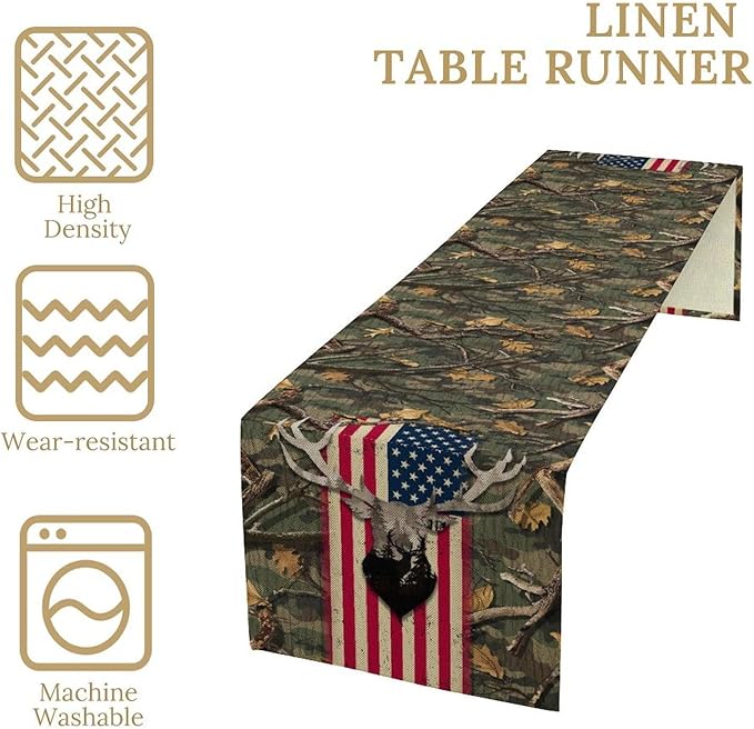 Rustic Forest Table Runner, Farmhouse Deer Retro Fall Leaves Wooden Branch Wild Seasonal Harvest Coffee Table Center Decor for Home Kitchen Dining Patio Holiday Party Table Decorations 13x90 inches