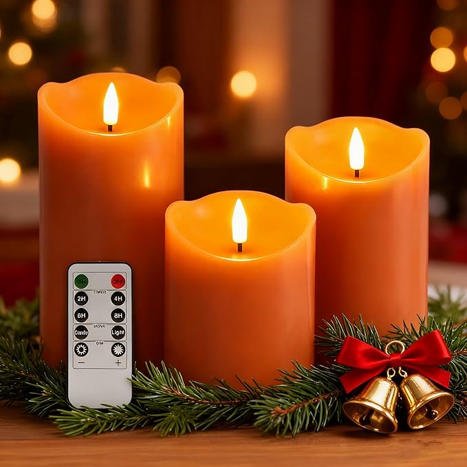 Eywamage Orange Flameless Pillar Candles with Remote, Christmas LED Wax Candles Holiday Table Centerpieces Decor Set of 3