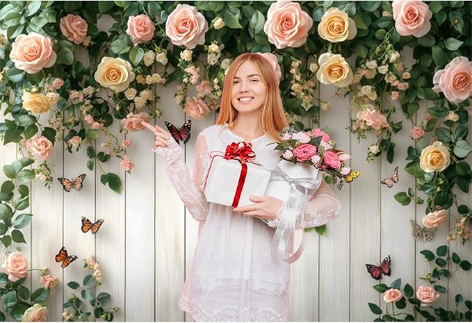 Baocicco 10x6.5ft Wooden Flower Backdrops for Photography Spring Botanical Green Leaf Butterfly Farmhouse Background for Engagement Bridal Shower Baby Shower Birthday Wedding Party Decoration Supplies