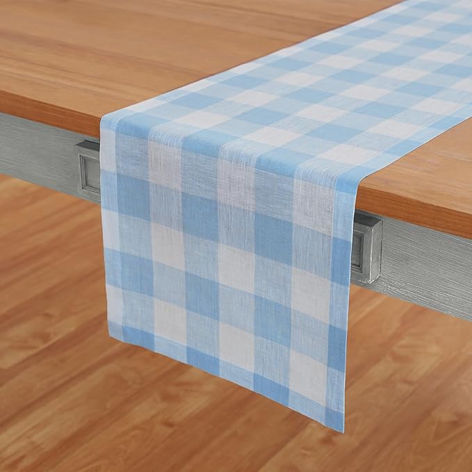 Solino Home Linen Checkered Table Runners 72 Inches Long - 100% Pure Linen Blue Bell Buffalo Check Table Runner 14 x 72 Inch Ideal for Dresser, Dining, Spring, Easter, Winter