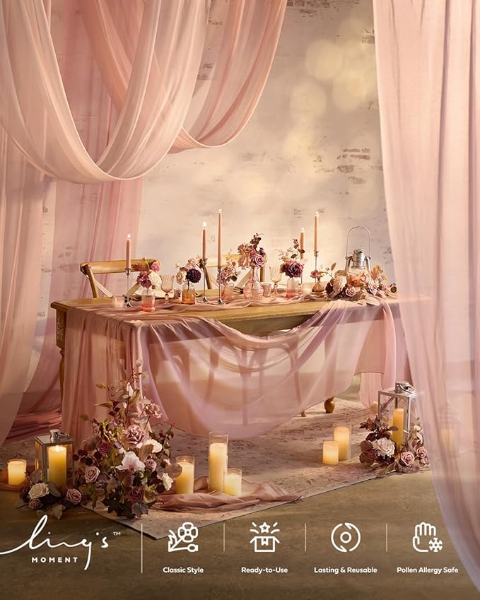 Ling's Moment Wedding Arch Draping Fabric 3 Panels 20Ft Chiffon Fabric,Sheer Draping Fabic for Wedding Arrangement Ceremony Reception Backdrop Party Swag Home Decor (Dusty Rose & Mauve & Blush)