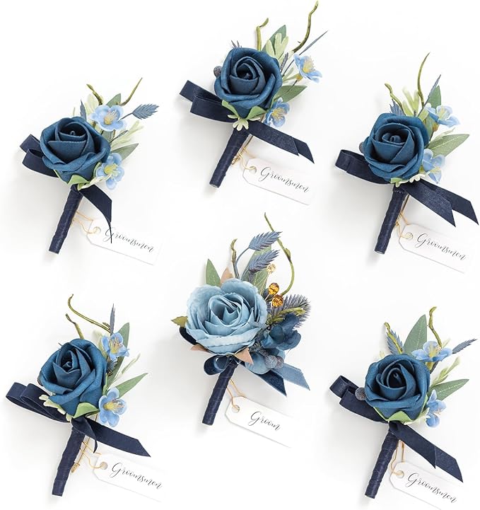 Ling's moment Boutonniere for Men, 6pcs Groom Groomsmen Boutonniere, Artificial Flowers for Wedding Decor/Prom/Homecoming, etc.Blue