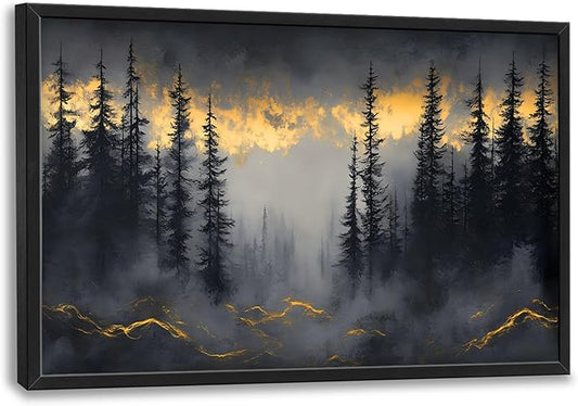 Misty Forests Large Decor Framed Wall Art Gold and Black Pictures for Living Room, Foggy Forest Landscape Oversized Canvas Print Painting Modern Extra Large Framed Artwork for Bedroom Office 36"x24"
