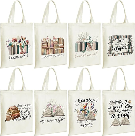Sweetude 8 Pcs Christmas Book Lovers Club Gifts Bulk Canvas Tote Bags Bookish Librarian Reader Gift for Women Teacher Present(Book,Flower)