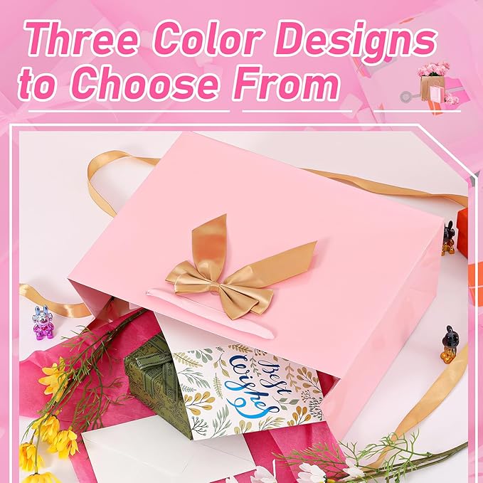 Bloomwords 13" Pink Gift Bag Set - 1 Large Paper Bag with Bow, Greeting Card & 2 Tissues, Sturdy Handles for Birthdays, Mother's Day & Special Occasions