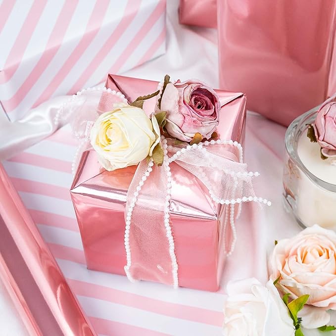 Merture Pink Wrapping Paper Roll Reversible - 17 In X 32.8 Ft(46.5 sq.ft.) Metallic Pink and Stripe Design Gift Wrap for Mothers Day, Wedding, Birthday, Christmas, Baby Shower, Valentines Day