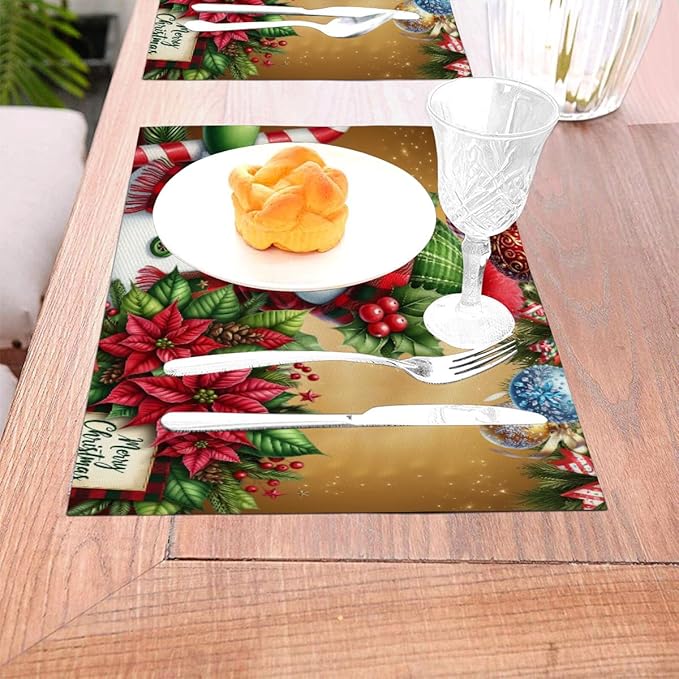 PVC Placemats Set of 4 Wipeable Table Mats Washable Heat Resistant Non Slip Vinyl Dining Table Mat for Kitchen Indoor Outdoor Patio Farmhouse Place Mats Christmas Ball Poinsettia Snowman Decorative