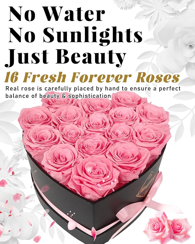 16 Flowers Preserved Roses Gifts for Women, Pink Forever Flowers Womens Birthday Gifts for Women Wife Friends Preserved Flower Rose Gift for Mom Her Wife gf