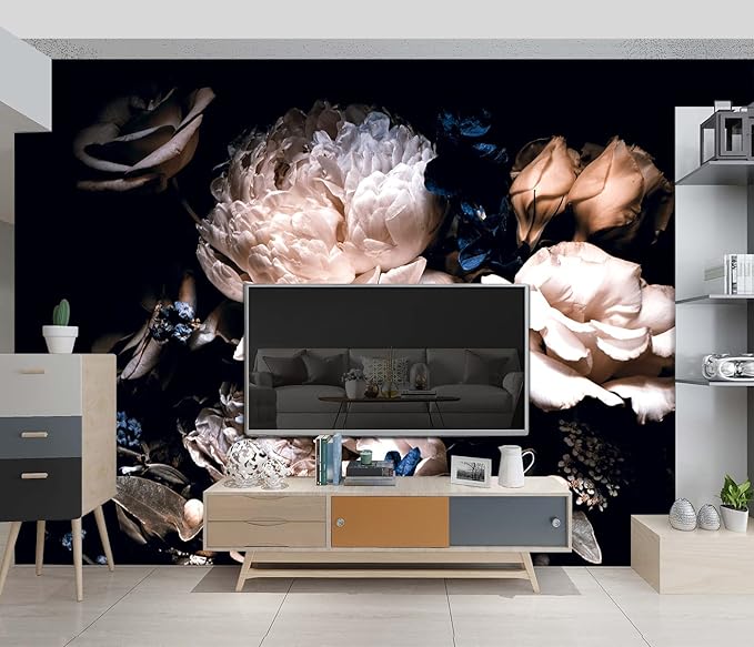 Black Peony Floral Wallpaper Bedroom Pink Botanical Flowers Leaf murals Living Room tv Background Large Wall Mural Aesthetic Room Decor - 183"x120" Not Peel and Stick