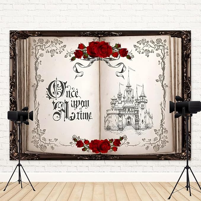 7x5ft Once Upon a Time Backdrop Princess Castle Wedding Party Photography Background Fairytale Book Romantic Story Red Roses Bridal Shower Decorations Birthday Portrait Photo Booth Prop