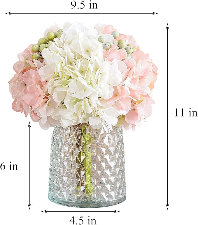 Wracra Hydrangeas Floral Arrangement in Glass Vase, Fake Flowers Silk Hydrangea Artificial Flowers with Vase for Home Office Decoration, Dining Table Centerpiece(Pink)