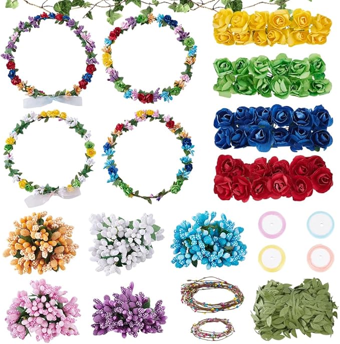 INFUNLY 12Sets DIY Flower Crowns Making Kit Fairy Flower Headbands and Bracelets Make Your Own Flower Wreath Handmade Floral Garland Kit Floral Crowns Head Hair Accessories for Wedding Birthday Party