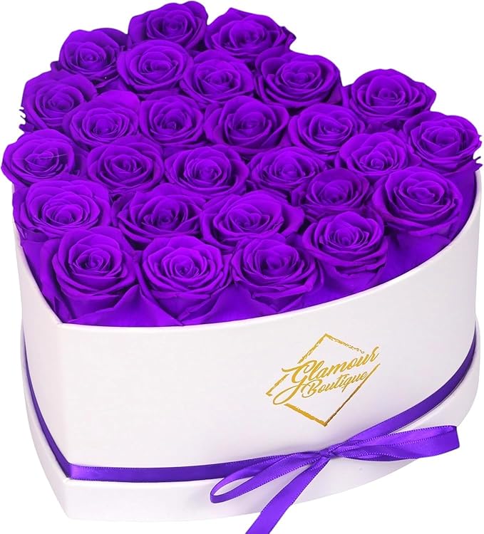 GLAMOUR BOUTIQUE Preserved Roses in a Box - Gifts for Her, Wife & Mom, Rose Flowers Forever Decor for Birthday Gift, Get Well Flower Bouquet Cased in White Box with Cover - Purple - 27-Piece