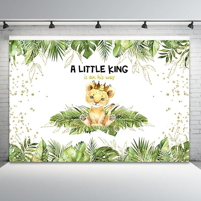 10x6.5ft Baby Shower Backdrop A Little King is On His Way Photography Background Lion Crown Jungle Forest Green Leaf Kid Birthday Party Banner Decorations Newborn Portrait Photo Booth Prop