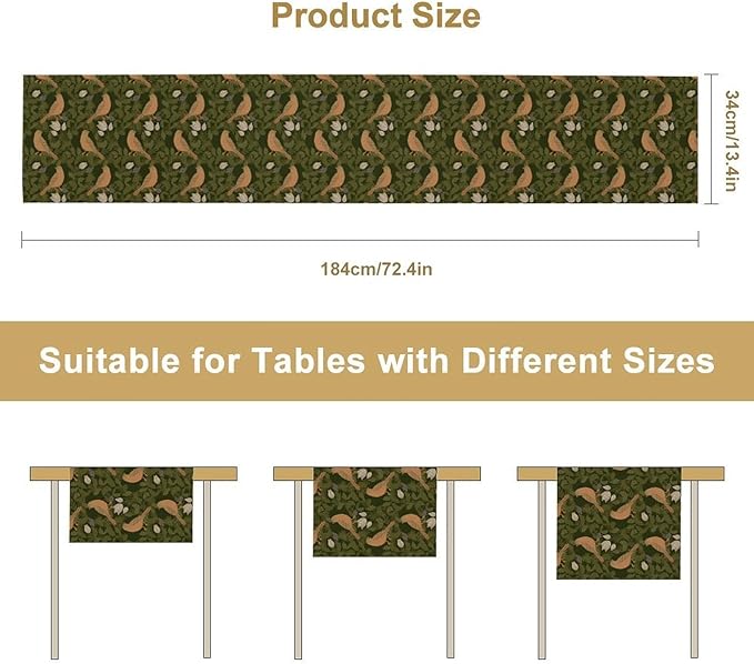 William Morris Table Runner, Vintage Green Botanical Plant Birds Retro Table Runner for Kitchen Dining Cafe Party Holiday Decoration, 13x90 Inch