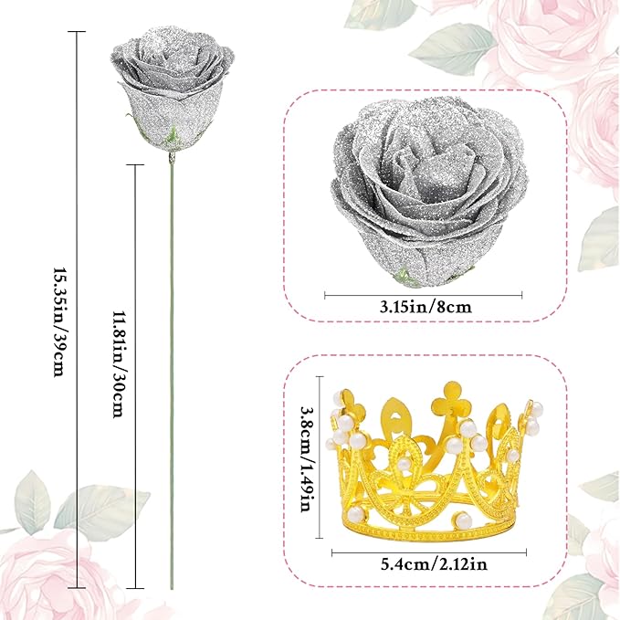 Waipfaru Glitter Roses Bouquet, DIY Fake Flowers Bouquet, Birthday Gifts for Women Mom, 36 Pcs Silver Rose for Grandma Wife Girlfriend Valentines, Mothers Day, Anniversary, Graduation