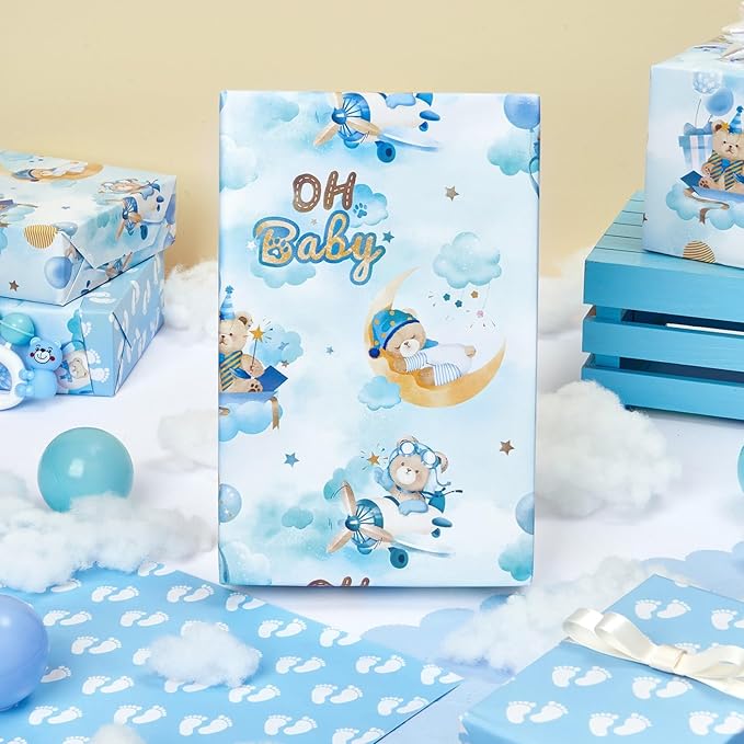 WERNNSAI Baby Wrapping Paper - 1 Roll 17” x 16.4 ft Bear Wrapping Paper for Boy Baby Shower Wrap Paper Blue Bear Gift Wrap Reversible New Born Birthday Present