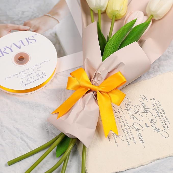 Yellow Gold Satin Ribbon, Double Faced 7/8 Inch X 50 Yards Yellow Gold Ribbon, Premium Satin Ribbon for Gift Wrapping, Crafts, Hair Bow Making, Sewing, Flower Bouquet, Wedding Party Decor