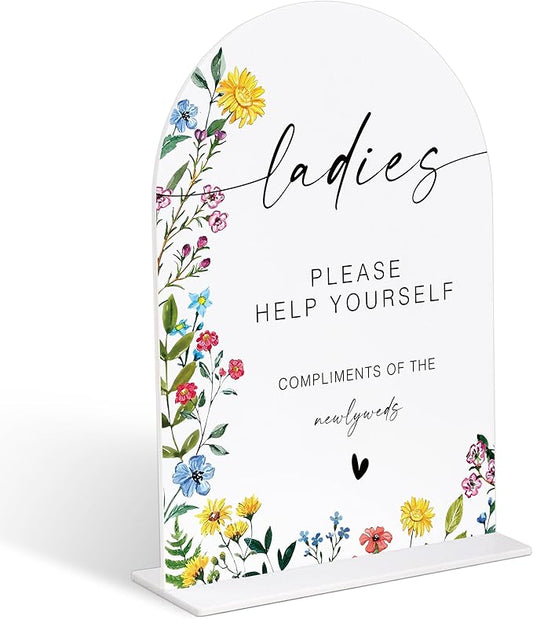 Acrylic Wedding Signs Ladies Please Help Yourself Sign, Wedding Bathroom Basket Supplies, 6x8" Floral Themed Arch Acrylic Table Decor, Love Is In Bloom Decorations for Bridal Shower Baby Shower