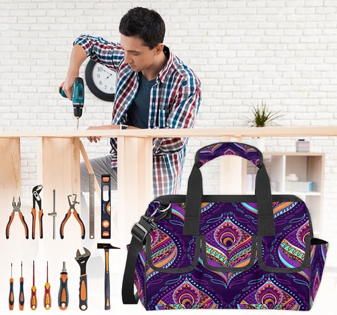 Purple Paisley Tool Bag for Men Women Multi-Pockets Wide Mouth Tool Storage Bags 14.8 Inch Waterproof Heavy Duty Tool Bag Organizer for Electrician Mechanic Plumbers Handymen