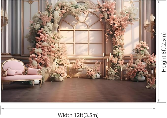 AOTOFO 12x8ft Pink Flowers Wedding Backdrop Elegant Rose Blossom Floral Pretty Plant Photography Background for Woman Bride Party Girls Bridal Shower Photo Studio Shoot