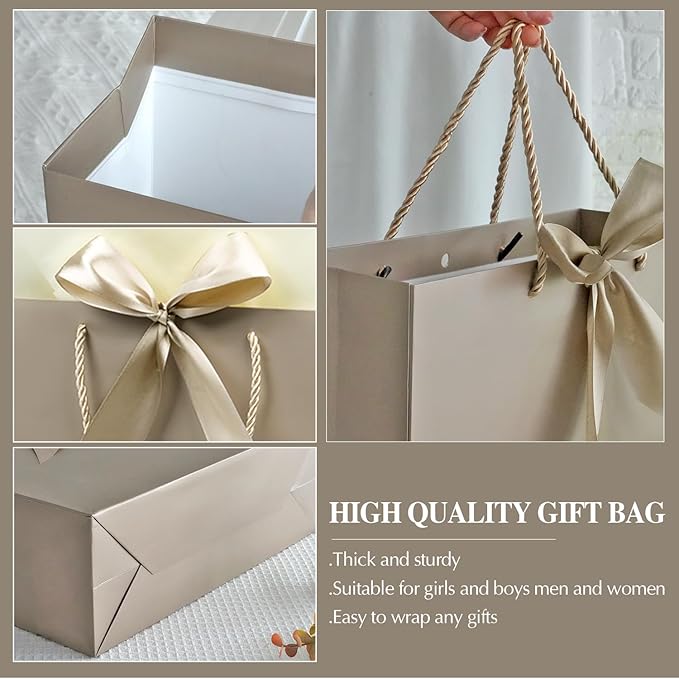 Gift Bags, 13” Large Gift Bags with Tissue Paper Greeting Card, 2PCS Portable Birthday Gift Bag Set, Champagne Gold Present Bags for Birthday Party Favor Wedding Baby Shower Mother’s Day, 13x10x4inch