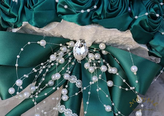 Bridal Wedding Bouquet Round Bling Brooch Bouquet Throw Toss Artificial Rose Flower Bunch for Bride Bridesmaid Wedding Quinceanera(Dark Green, 7.5")