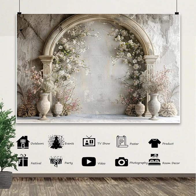 7x5ft White Flowers Wedding Backdrop Countryside Wildflower Vintage Palace Concrete Wall Photography Background for Valentines Day Bridal Shower Mothers Day Princess Couples Portraits