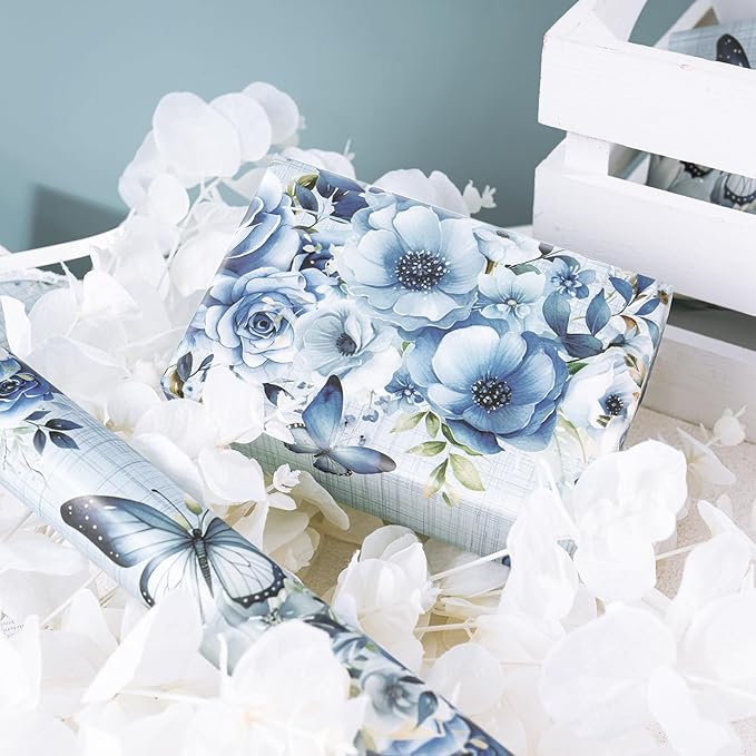 WRAPAHOLIC Dusty Blue Floral Wrapping Paper Roll - Mini Roll - 17 Inch x 9.8 Feet - Butterfly Flower Design, Perfect for Birthday, Wedding, Bridal Shower