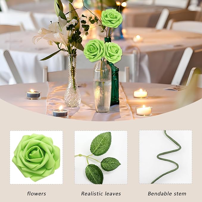 100Pcs Green Artificial Flowers Roses Real Looking Foam Fake Roses with Leaves for DIY Wedding Bouquets Bridal Shower Centerpieces Party Decorations (Green, 100)