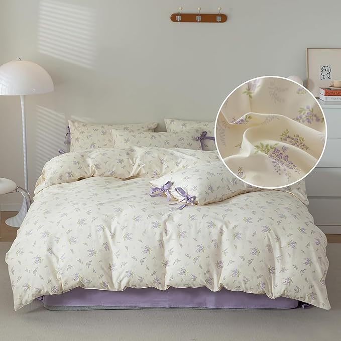 Floral Comforter King Size Fluffy Floral Comforter Set for Girls Women Purple Flower Leaves Bedding Comforter Set 1 Flower Lilac Comforter with 2 Bow Ties Pillowcases All Season King Comforter Set